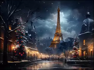 Zima, Miasto, Niebo, Latarnie, Boże Narodzenie, Drzewa, Światła, Paryż, , Choinki, Francja, Domy, Wieża Eiffla