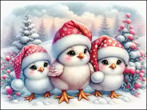Trzy ptaszki w czapkach Mikołaj na śniegu w grafice