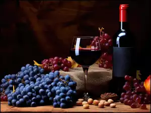 Butelka i kieliszek wśród kolorowych kiści winogron