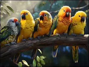Kolorowe papugi na gałęzi