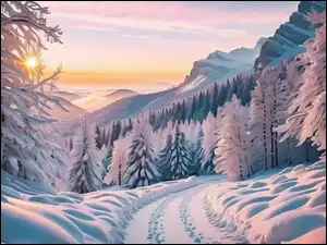 Widok z drogi na zachodzące słońce nad drzewami i górami w zimowej scenerii