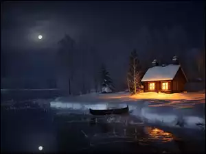 Oświetlony domek na polanie przy jeziorze