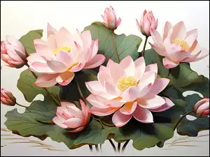 Lilie wodne, 2D, Kwiaty, Różowe, Listki