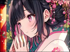 Anime, Kwiaty, Kimono, Dziewczyna, Ozdoby