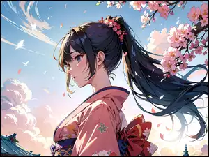 Profil, Dziewczyna, Kwiaty, Anime, Kimono, Ptaki