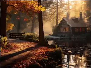 Ścieżka pomiędzy drzewami i dom we mgle nad stawem w słonecznym blasku w jesiennym parku