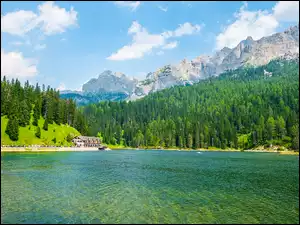 Dolomity, Góry, Jezioro, Włochy, Drzewa, Misurina Lake