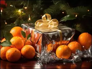 Pomarańcze obok prezentu i choinki