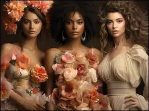 Trzy młode kobiet w sukniach i z kwiatami