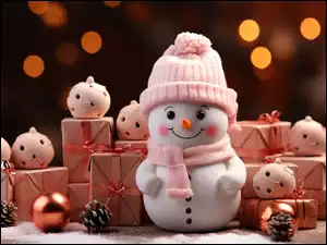Uśmiechnięty bałwanek w różowej czapce i szaliku obok prezentów