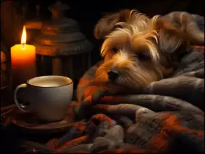Yorkshire Terrier na kocu obok świecy i filiżanki kawy
