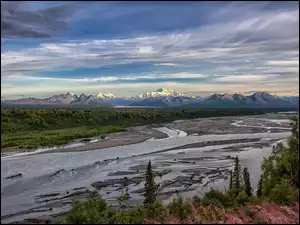 Park Narodowy Denali, Drzewa, Rzeka, Alaska, Góry, Chulitna River, Stany Zjednoczone, Alaska Range