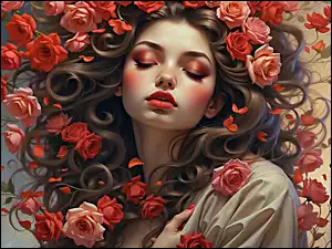Kwiaty, Róże, Makijaż, Kobieta, Czerwone