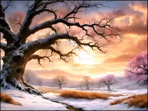Góry, Drzewa, Paintography, Zima, Chmury, Mgła, Wschód słońca