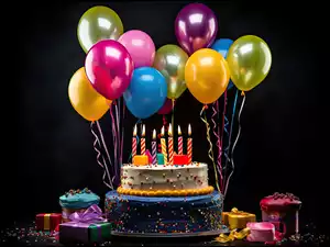 Impreza z tortem, świeczkami i balonami