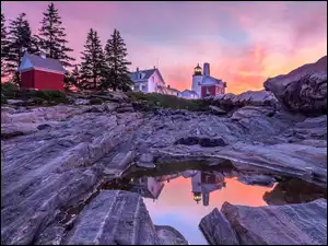 Zachód słońca, Skały, Domy, Stan Maine, Latarnia morska, Drzewa, Stany Zjednoczone, Pemaquid Point Lighthouse
