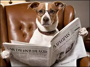 Pies czytający gazetę w fotelu