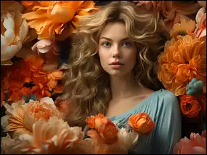 Kwiaty, Blondynka, Kobieta, Spojrzenie
