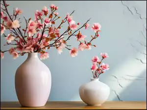 Duży i mały wazon z kwitnącymi gałązkami na tle seledynowej ściany