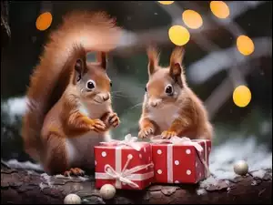 Pudełka z prezentami i dwie wiewiórki