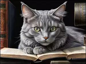 Kot, 2D, Szary, Leżący, Książki