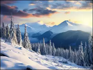 Niebo, Zima, Śnieg, Poranek, Góry, Chmury, Zbocze, Drzewa