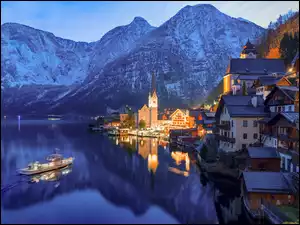 Hallstatt, Góry, Kościół, Austria, Domy, Hallstattersee, Jezioro