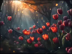 Kwiaty, 2D, Tulipany, Czerwone, Las