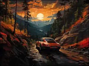 Las, Droga, 2D, Góry, Księżyc, Porsche, Samochód