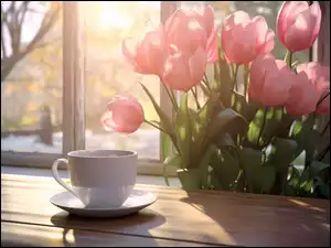 Różowe tulipany i filiżanka na parapecie okna w słonecznym blasku