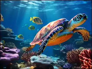 Żółw morski i ryby na rafie koralowej