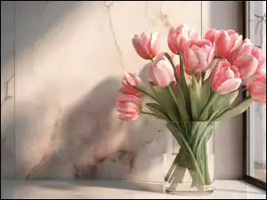 Różowe tulipany w wazonie na stole przy oknie