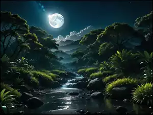 Rzeka, Grafika, Księżyc, Drzewa, Noc, Roślinność