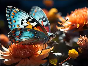 Motyl, Niebieski, Kwiaty, Grafika, Pomarańczowe, Światło