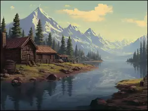 Drewniane domy pod sosnami i nad górskim jeziorem