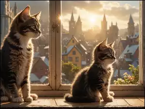 Dwa małe kotki na parapecie okna z widokiem na miasto