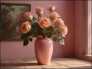 Róże w wazonie na podłodze pod obrazem obok okna