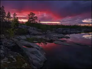 Karelia, Jezioro, Noc, Rosja, Drzewa, Skały, Ładoga