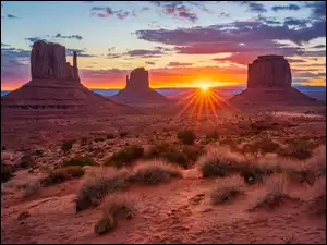 Wyżyna Kolorado, Stany Zjednoczone, Monument Valley, Promienie słońca, Dolina Skał, Skały