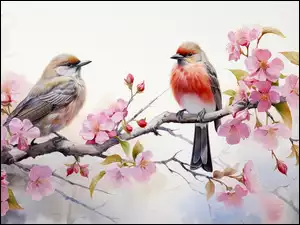 Ptaki, Kolorowe, Kwiaty, Grafika, Gałąź, Wiosna