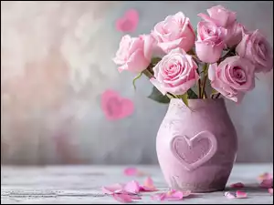 Bukiet różowych róż w wazonie z sercem