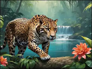 Rzeka, Jaguar, Rośliny, 2D, Kaskada, Kwiaty