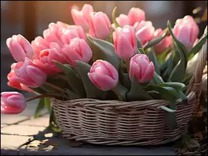 Tulipany, Chodnik, Różowe, Kwiaty, Koszyk