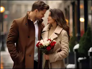 Zapatrzona w siebie para z bukietem róż na ulicy