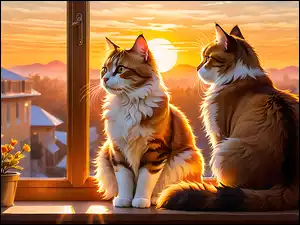 Dwa koty na parapecie okna na tle zachodu słońca