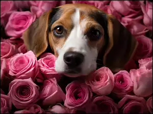 Róże, Pies, Beagle, Kolorowe
