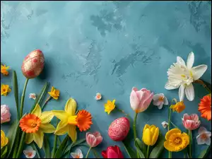 Żonkile, Kwiaty, Pisanki, Wielkanoc, Tulipany
