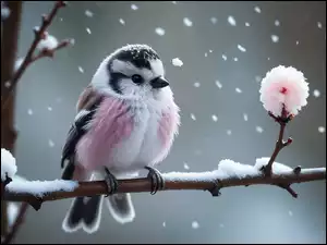 Ptaszek na gałązce w padającym śniegu
