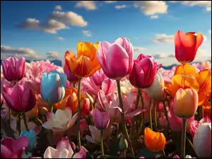 Kwiaty, Grafika, Kolorowe, Tulipany, Niebo