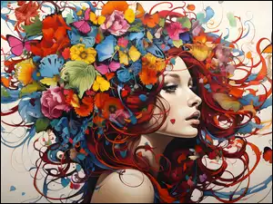 Twarz, Kwiaty, Kobieta, Grafika, Kolorowe